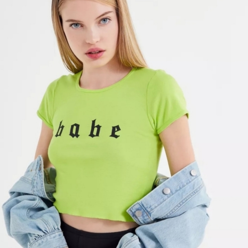 Urban Outfitters Neon Green Babe Baby Tee Size XS